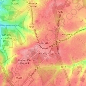 Mapa topográfico Tadworth, altitud, relieve