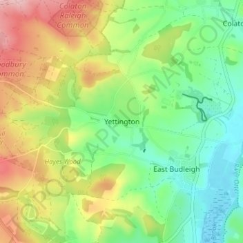 Mapa topográfico Yettington, altitud, relieve