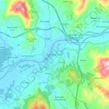 Mapa topográfico Ponte de Lima, altitud, relieve
