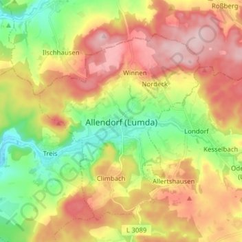Mapa topográfico Allendorf (Lumda), altitud, relieve