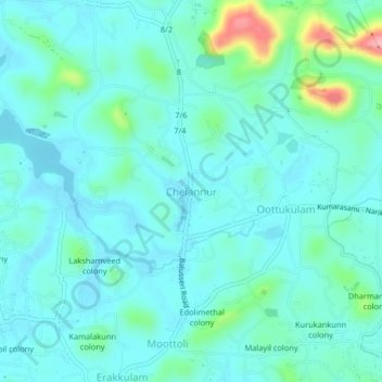 Mapa topográfico Chelannur, altitud, relieve