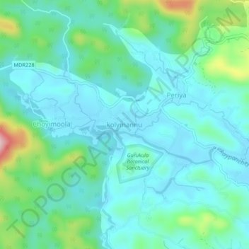 Mapa topográfico kolymannu, altitud, relieve