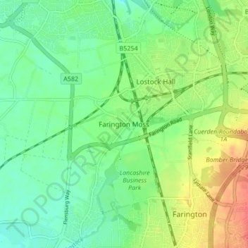 Mapa topográfico Farington Moss, altitud, relieve