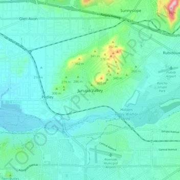 Mapa topográfico Jurupa Valley, altitud, relieve