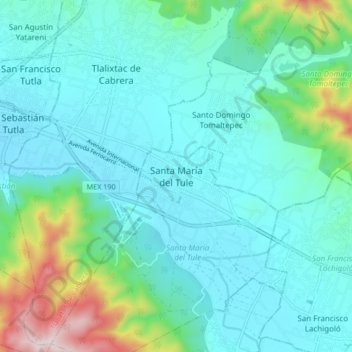 Mapa topográfico Santa María del Tule, altitud, relieve