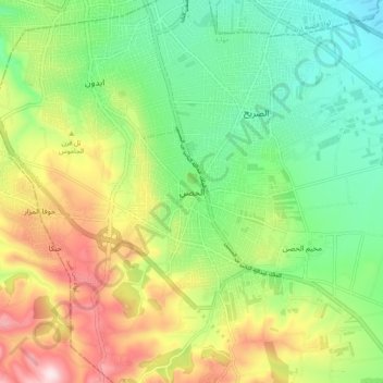 Mapa topográfico الحصن, altitud, relieve