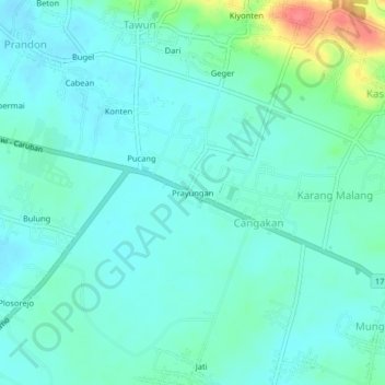 Mapa topográfico Prayungan, altitud, relieve