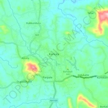 Mapa topográfico Karkala, altitud, relieve