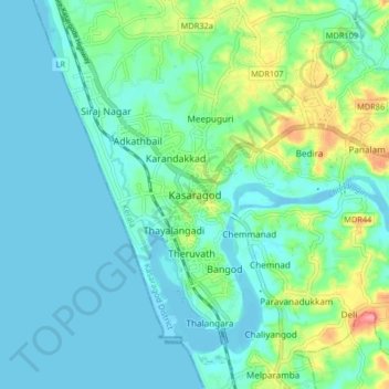 Mapa topográfico Kasaragod, altitud, relieve