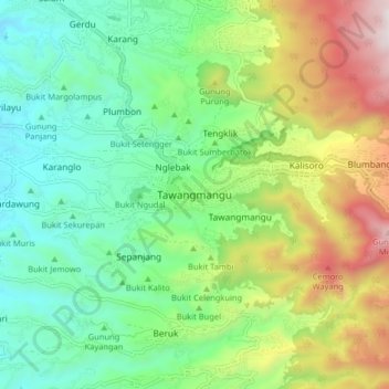 Mapa topográfico Tawangmangu, altitud, relieve