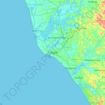 Mapa topográfico Kollam, altitud, relieve