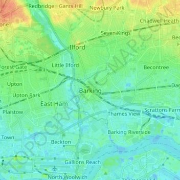 Mapa topográfico Barking, altitud, relieve