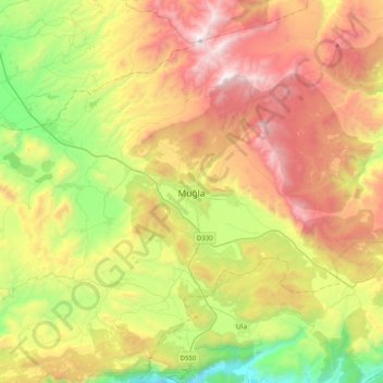 Mapa topográfico Muğla, altitud, relieve