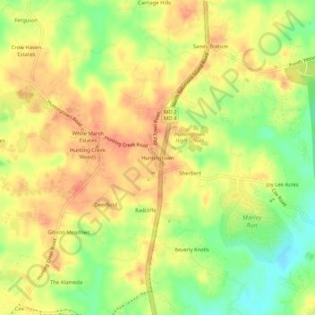 Mapa topográfico Huntingtown, altitud, relieve