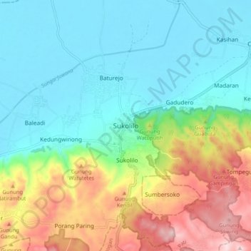 Mapa topográfico Sukolilo, altitud, relieve