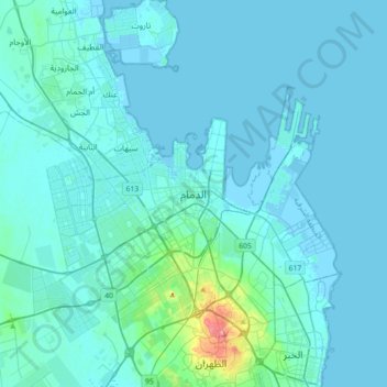 Mapa topográfico Dammam, altitud, relieve