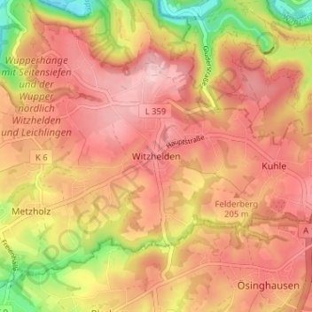 Mapa topográfico Witzhelden, altitud, relieve