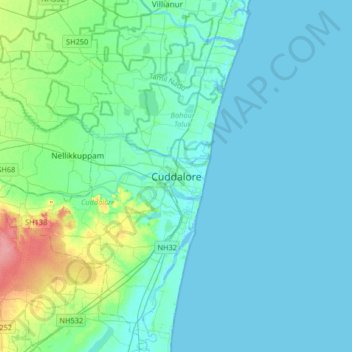 Mapa topográfico Cuddalore, altitud, relieve