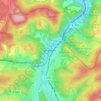 Mapa topográfico Hachen, altitud, relieve