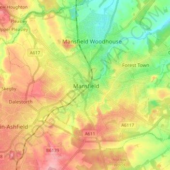 Mapa topográfico Mansfield, altitud, relieve
