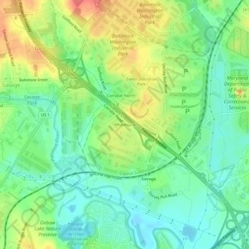 Mapa topográfico Whitehurst, altitud, relieve