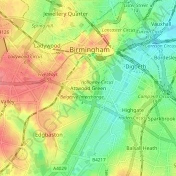 Mapa topográfico Attwood Green, altitud, relieve