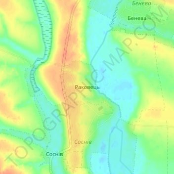 Mapa topográfico Rakovets, altitud, relieve