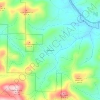Mapa topográfico Owltown, altitud, relieve
