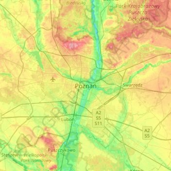 Mapa topográfico Poznań, altitud, relieve