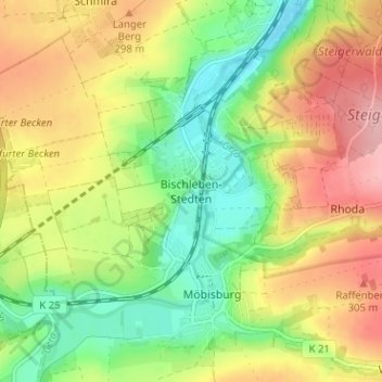 Mapa topográfico Bischleben-Stedten, altitud, relieve