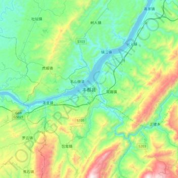 Mapa topográfico Fengdu, altitud, relieve