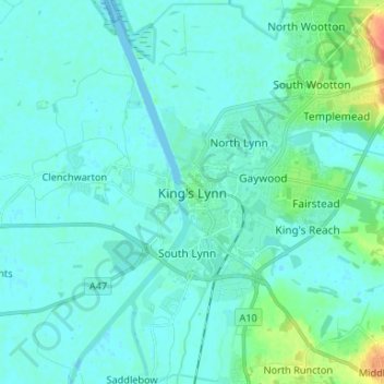 Mapa topográfico King's Lynn, altitud, relieve