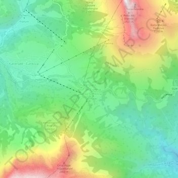 Mapa topográfico passo Carezza, altitud, relieve