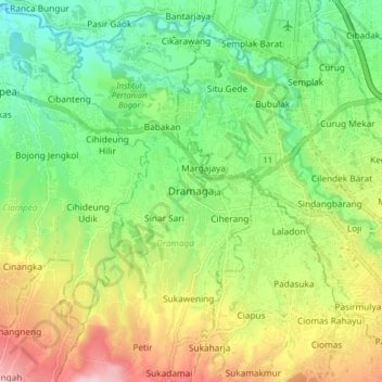 Mapa topográfico Dramaga, altitud, relieve