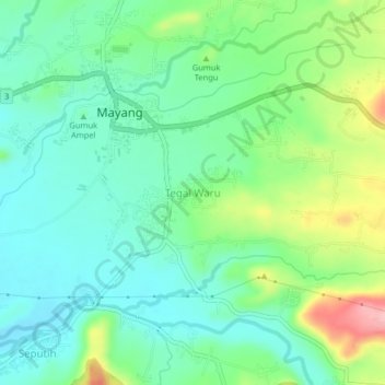 Mapa topográfico Tegal Waru, altitud, relieve