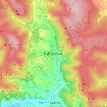 Mapa topográfico Delliehausen, altitud, relieve