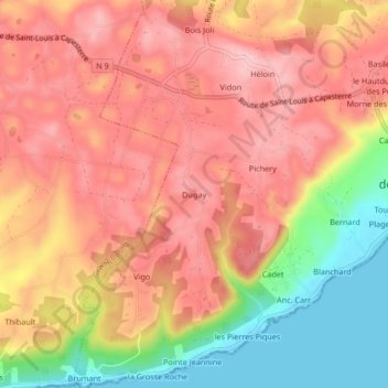 Mapa topográfico Dugay, altitud, relieve