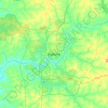 Mapa topográfico Kaduna, altitud, relieve