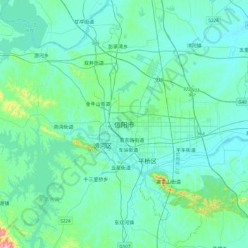 Mapa topográfico Xinyang, altitud, relieve