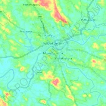 Mapa topográfico Muvattupuzha, altitud, relieve