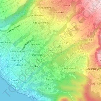 Mapa topográfico Morin, altitud, relieve