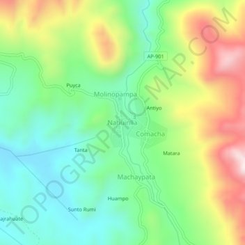 Mapa topográfico Nahuinlla, altitud, relieve