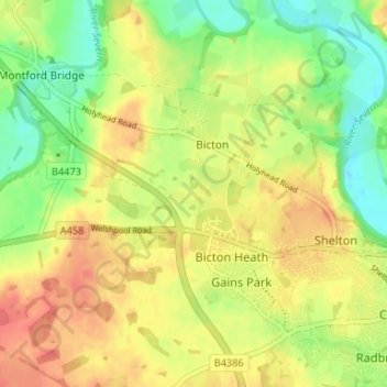 Mapa topográfico Calcott, altitud, relieve