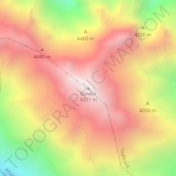 Mapa topográfico Sundar, altitud, relieve