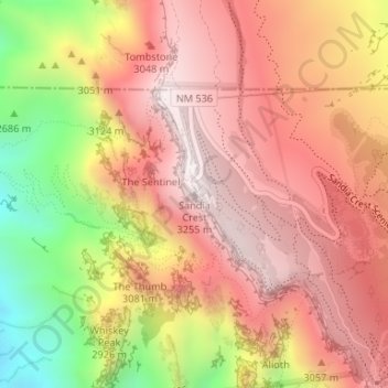Mapa topográfico Sandia Peak, altitud, relieve
