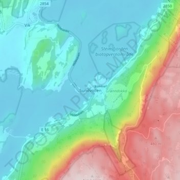 Mapa topográfico Sundvollen, altitud, relieve