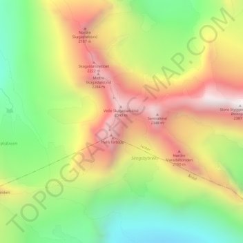 Mapa topográfico Hurrungane, altitud, relieve