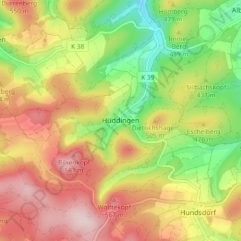 Mapa topográfico Hüddingen, altitud, relieve