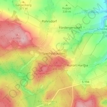 Mapa topográfico Spechtshausen, altitud, relieve
