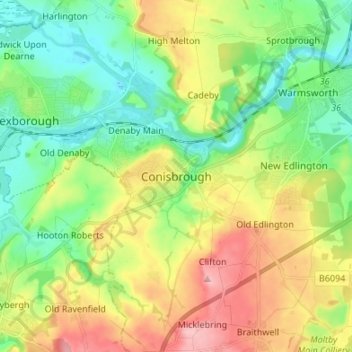 Mapa topográfico Conisbrough, altitud, relieve